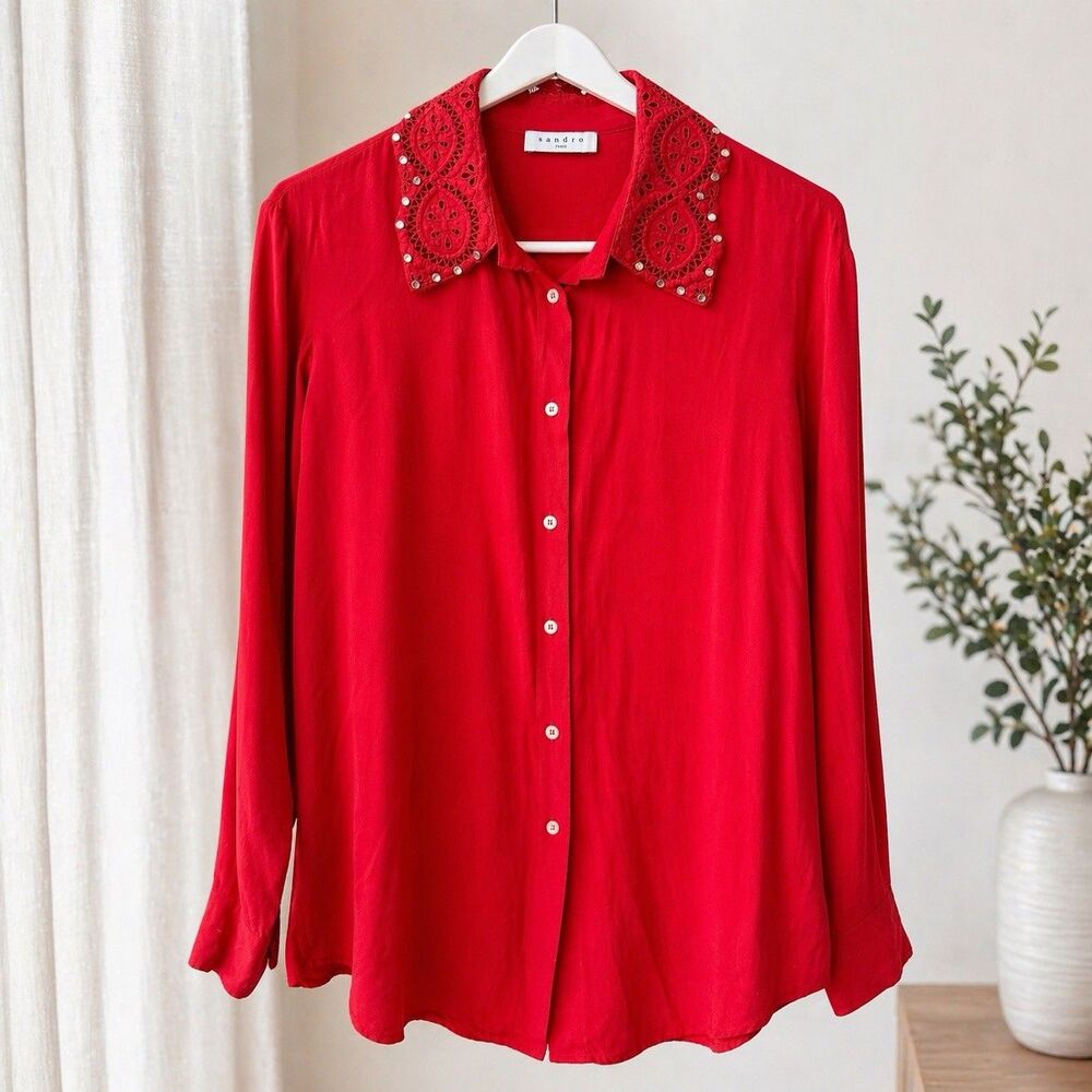 Sandro Paris Red Embellished Collar Blouse Sz 2 100% Viscose Portugal Made Chic